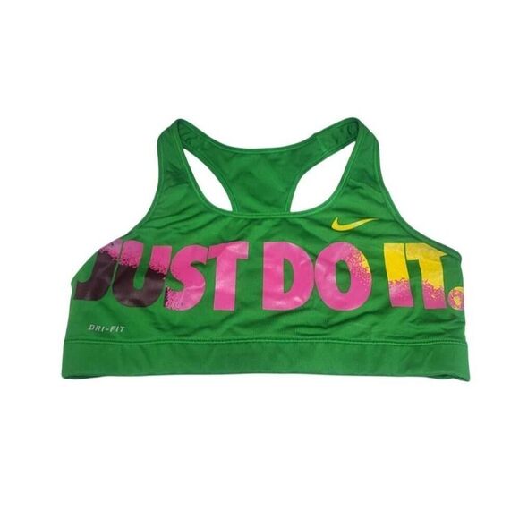 NIKE Just Do It Sports Bra Women's Green Pink Logo Racerback - Picture 1 of 6